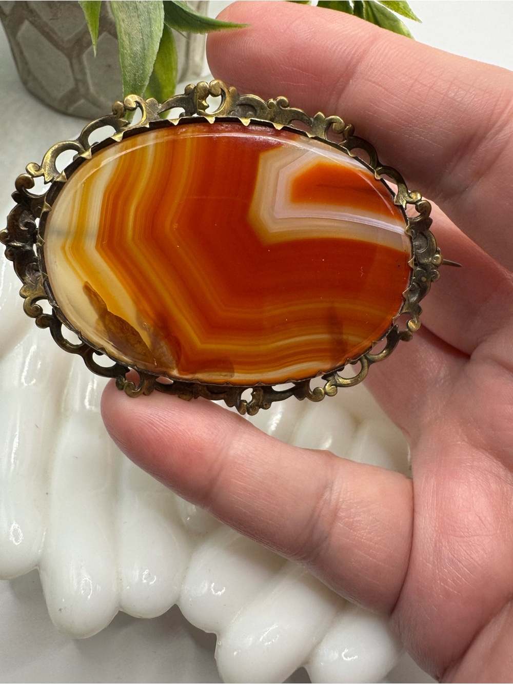 Antique Victorian style banded agate brooch. 2 1/2” x 2”. Nice condition